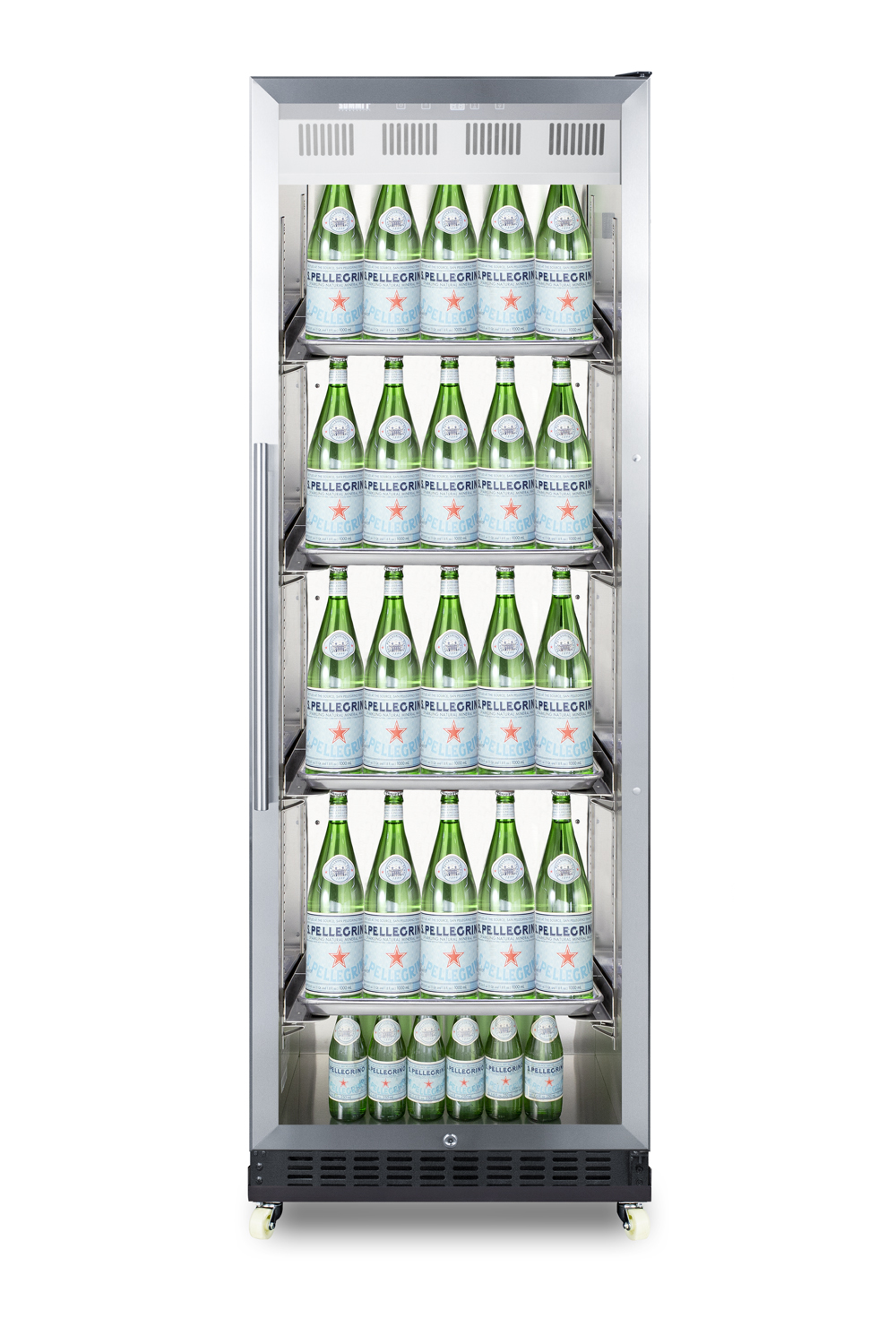Full-size commercial beverage merchandiser designed for the display and refrigeration of beverages and sealed food, with stainless steel interior, self-closing glass door, sheet pans and adjustable tray supports, chrome shelves, black cabinet, and removable dolly